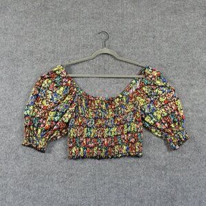 Urban Outfitters Shirt Women L Black Floral Cropped Ruffle Smock Balloon Sleeve